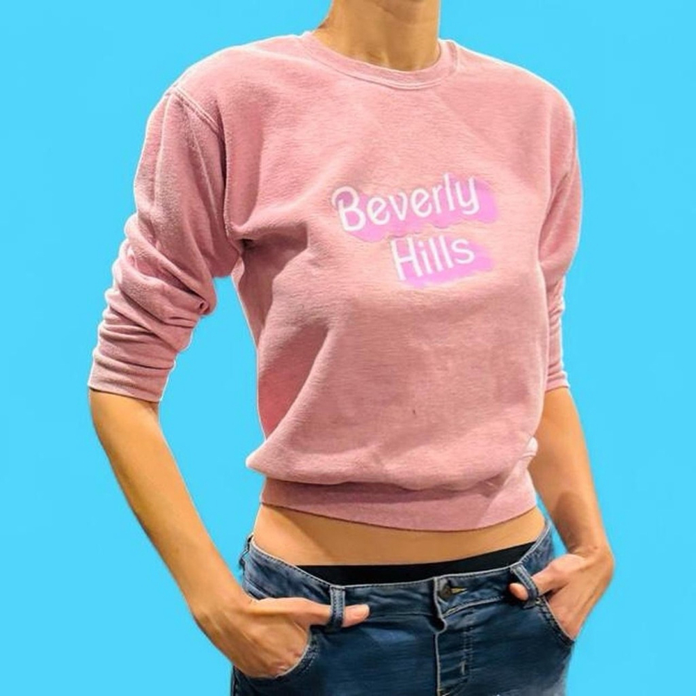Y2K Beverly Hills Sweatshirt Pink Fitted Cropped Baby Tee Womens XXS XS USA Made
